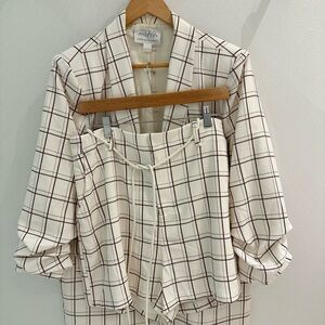 Anthropologie Cream and Brown Plaid Blazer & Short set